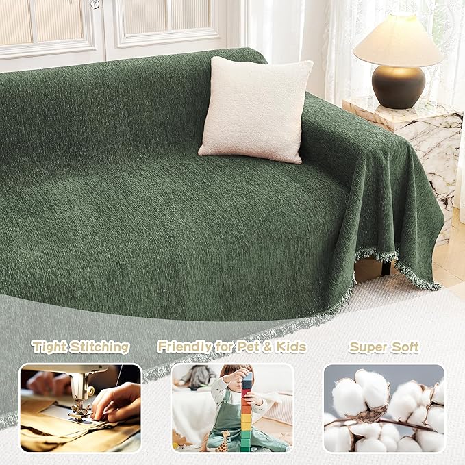 MYSKY HOME Couch Cover for Dogs, Washable Couch Covers, Non Slip Couch Sofa Cover, Couch Cover 2 Cushion Sofa Dogs Furniture Protector with Tassels Chenille Sofa Covers for Pets, 71"x118", Moss Green - Image 3