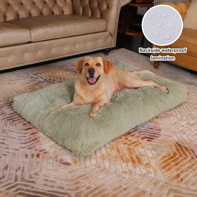 Bedfolks Waterproof Crate Bed, Plush Dog Kennel Pad with Removable Cover, Faux Fur, Washable, 41"x27", Sage Green - Image 2