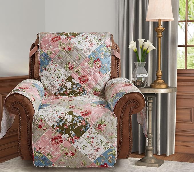 Brilliant Sunshine Peach and Olive Flowers Couch Recliner Cover, 26" seat | Patchwork Design, Non Slip Sofa Cover, Quilted Furniture Protector, Washable Reclining Chair Slipcover for Pets, Dogs & Cats - Image 2