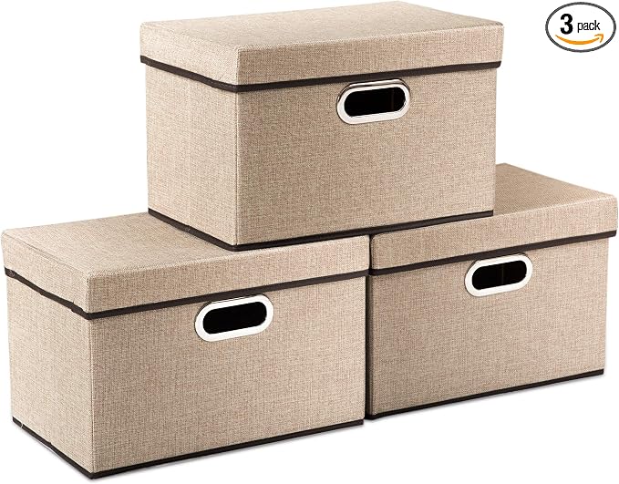 PRANDOM Collapsible Storage Cubes with Lids [3-Pack] Jute Fabric Foldable Storage Boxes Organizer Containers Baskets Bins with Cover for Home Bedroom Closet Office Nursery (14.9x9.8x9.8) by Prandom