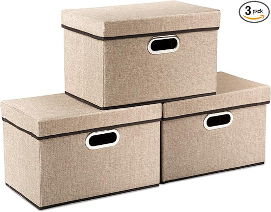 PRANDOM Collapsible Storage Cubes with Lids [3-Pack] Jute Fabric Foldable Storage Boxes Organizer Containers Baskets Bins with Cover for Home Bedroom Closet Office Nursery (14.9x9.8x9.8) by Prandom