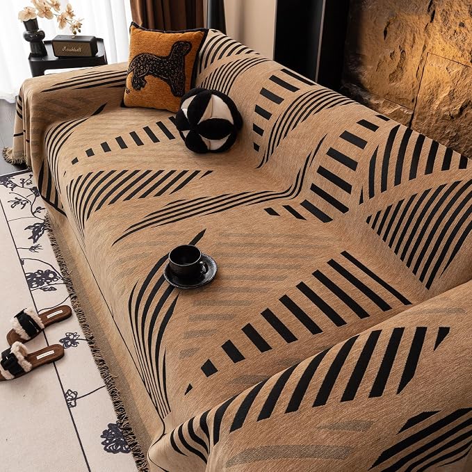 VClife Couch Cover Boho Style Sofa Cover for Dog, Modern Chenille Couch Cover for 3 Cushion Couch Sofa, Non Slip Brown Geometry Couch Protector with Tassel Sofa Slipcover Throw, 71"X134" - Image 8