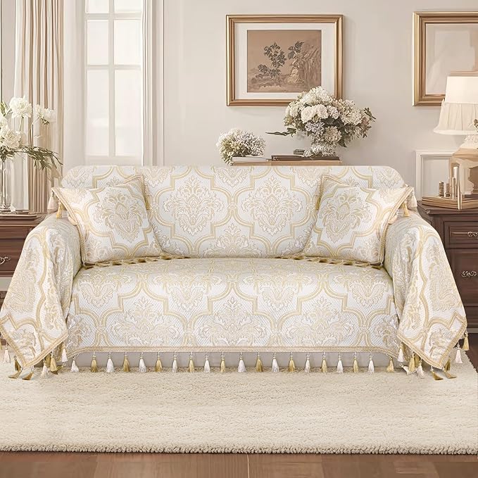 Loom and Mill European Elegant Sofa Couch Covers, Beige Gold, 71"x118" | Luxury Damask Floral Sofa Throw Cover with Tassels for 2-3 Cushion Couch, Sectional Couch Cover Sofa Slipcover for Dogs Pets - Image 2