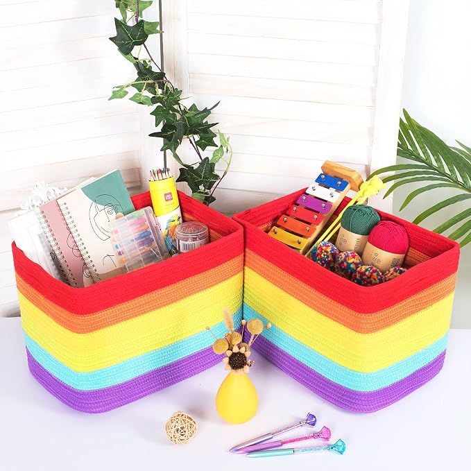 MINTWOOD Design 3-Pack Storage Baskets for Shelves, Playroom and Classroom, Book Basket, Decorative Storage Cube Bins, Woven Closet Organizers, Pantry and Shoe Organizer, Rainbow - Image 2