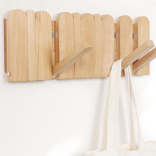 Wooden Boho Wall Mount Coat Rack 6 Hooks 16.8'' | Entryway Hanger with Magnetic Foldable Hooks Mounted, Space Saving for Hanging Jacket Bag for Apartments & Modern Homes by KYIAANY