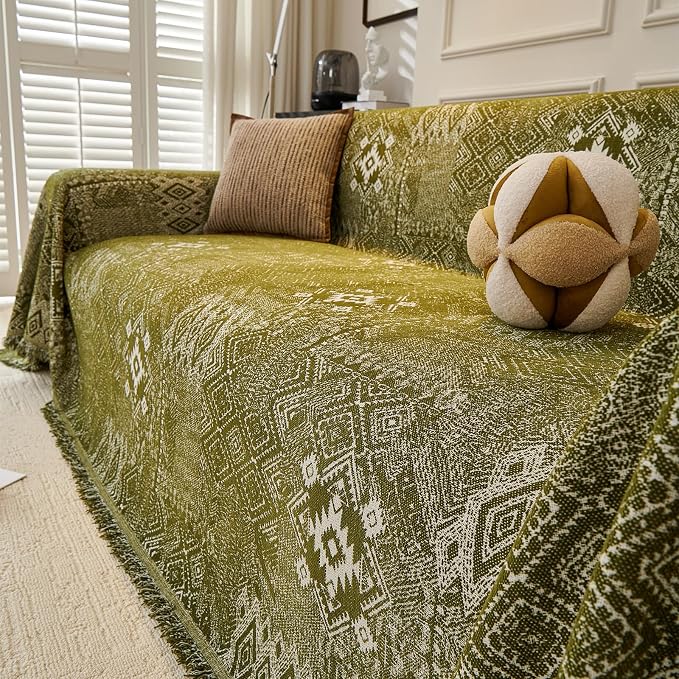 DREAMINGO Dark Green Couch Protector Boho Sofa Covers for 2 Cushion Couch Geometric Jacquard Soft Chenille Furniture Cover for Dogs Washable Vintage Sofa Slipcovers for Sectional, 71"x118" - Image 4