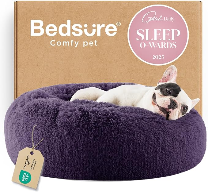 Bedsure Calming Small Dog Bed Donut Washable Cat＆Puppy Bed,23 inches Purple | Fluffy Faux Fur Round Cuddler,Machine Washable,Anti-Slip Bottom,Anti-Anxiety,Deep Sleeping for Large Cat & Pets Up to 25 Lbs by Unknown