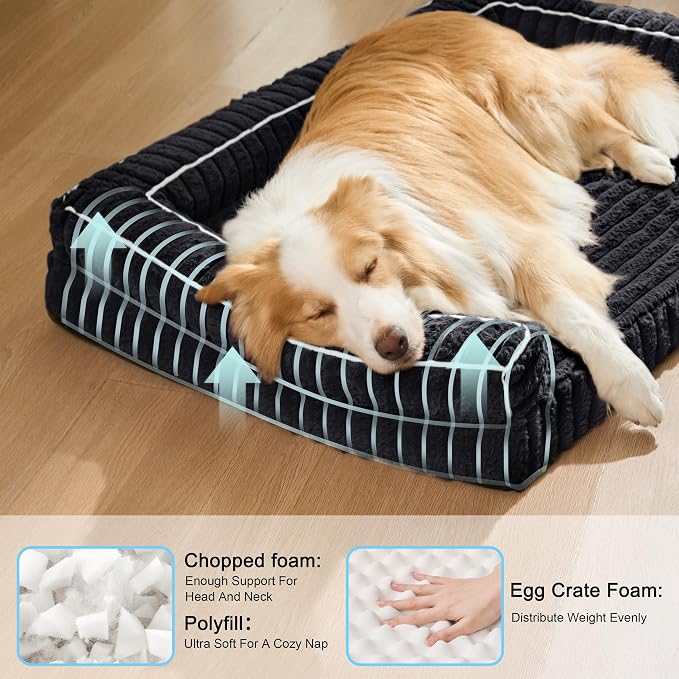 Orthopedic Calming Large Dog Bed Pet Sofa Bed 48''X30'' Black | 3-Sided Pet Couch Large Sized Dog, Soft Egg-Crate Foam Dog Mat, Waterproof Removable Washable Cover, Nonskid Bottom Cat Bed - Image 4
