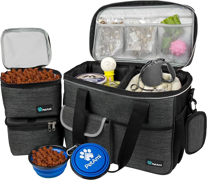 PetAmi Dog Travel Bag Organizer, Pet Travel Kit with 2 Food Containers & 2 Collapsible Dog Bowls, Pet Supplies Tote with Luggage Sleeve, Weekend Road Trip Camping Essentials, Dark Gray, Medium by PetAmi