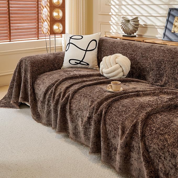 ROOMLIFE Brown Sofa Cover, Vintage Boho Couch Cover for 3 Cushion Sofa, Soft Chenille Sofa Cover for Dog, Washable Furniture Sofa Protector Cover Blanket with Tassel for Living Room, 71 '' X 150'' - Image 9