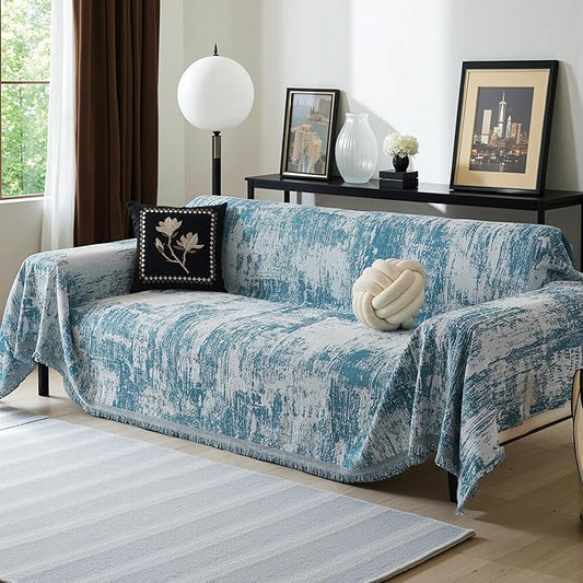 MEETSKY Boho Couch Cover for 2 Cushion Couch Sofa, Chenille Sofa Cover for Sectional Sofa, Modern Khaki Abstract Jacquard Sofa Covers Washable Sofa Slipcover for Pets Friendly, 91" X118",Blue by MEETSKY
