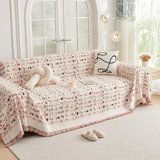 DREAMINGO Abstract Chenille Couch Cover Blanket Beige Orange Black Boho Sofa Cover, Washable Furniture Protector, Universal Slipcover for Couch, Geometric Brushstroke Jacquard, Large 71"x118" by DREAMINGO