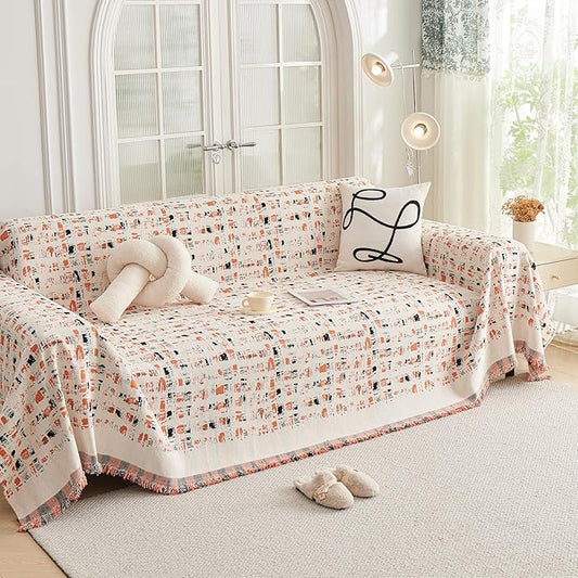 DREAMINGO Abstract Chenille Couch Cover Blanket Beige Orange Black Boho Sofa Cover, Washable Furniture Protector, Universal Slipcover for Couch, Geometric Brushstroke Jacquard, XX-Large 71"x150" by DREAMINGO