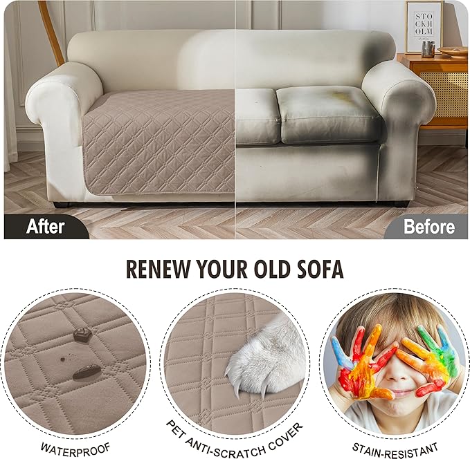 Genina Waterproof Couch Cover,Washable Anti-Slip 78inch Sofa Covers with 3 Cushions,Sectional Couch Covers for Pets Friendly, Sofa Slipcovers for Dogs Cats(78inch/Taupe) - Image 4