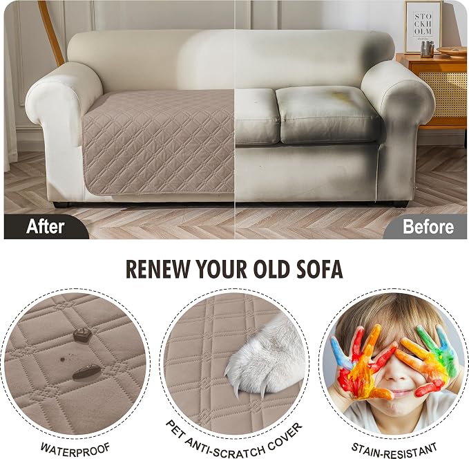 Genina Waterproof Couch Cover, Washable Anti-Slip 67 inch Sofa Covers with 3 Cushions, Sectional Couch Covers for Pets Friendly, Sofa Slipcovers for Dogs Cats, (67inch/Taupe) - Image 4