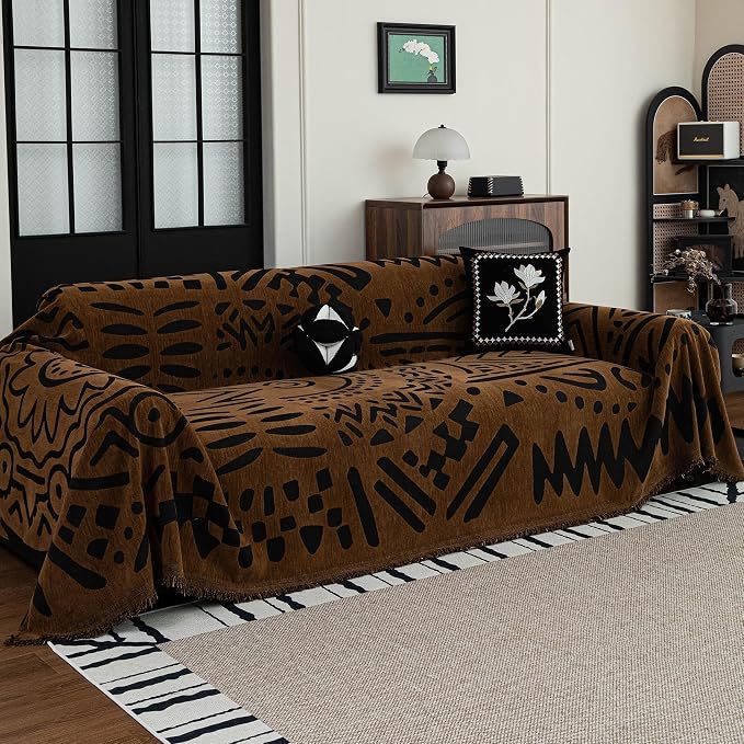 MEETSKY Boho Couch Cover Sofa Covers, Chenille Geometric Dark Brown Couch Covers for 2 Cushion Couch Sofa for Dogs, Washable Sofa Slipcover for Cat Sofa Protector with Tassels,71" x 118" - Image 7