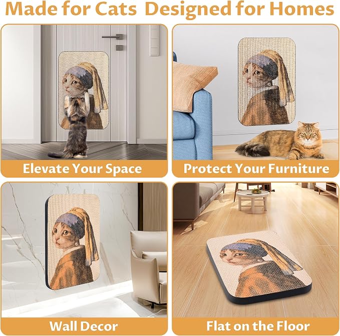 Cat Wall Scratcher, Art Cat Scratching Board for Indoor Cats | Wall Mounted Cat Scratch Pad, Water-Based Ink, Hook&Loop Strips, Floor or Wall Use, 16.7x11x1 Inch, Cat with Pearl Earring - Image 5