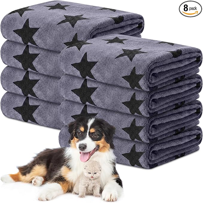 Chumia 8 Pcs Microfiber Dog Towels for Drying Dogs Cats 40 x 24 Inch Pet Towels Bulk for Large Puppy Absorbent Fast Drying Paw Bath Bathing Supplies for Pets(Star,Gray) by Chumia