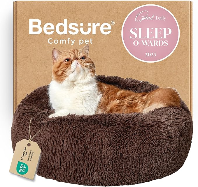 Bedsure Calming Cat Beds Donut Round Washable Kitten Bed,20 inches Coffee | Fluffy Faux Fur Cuddler,Anti-Slip Bottom,Anti-Anxiety,Deep Sleeping for Cats&Small Pets Up to 15 Lbs by Unknown