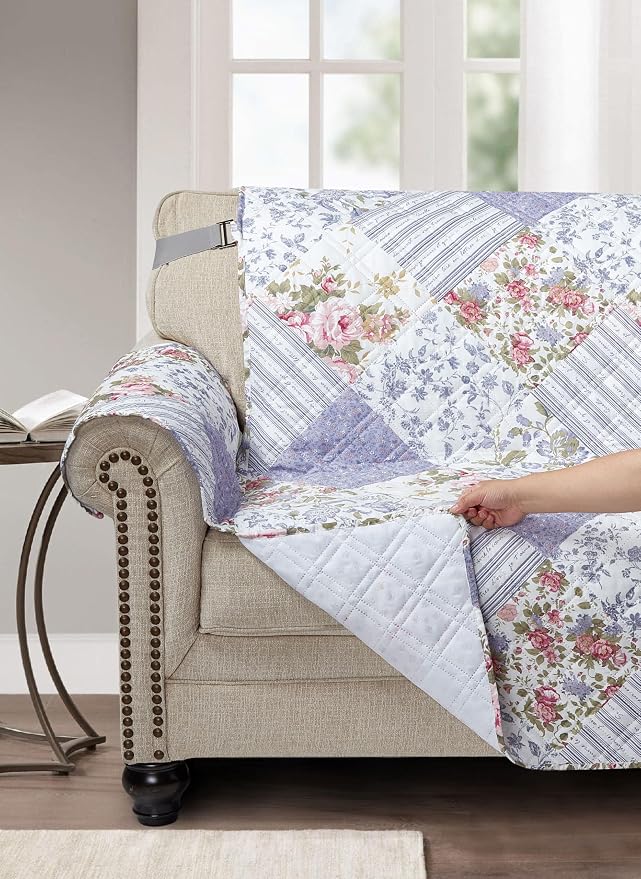Brilliant Sunshine Rose Violet Floral Couch Armchair Cover, 23" seat | Patchwork Design, Non Slip Sofa Cover, Quilted Furniture Protector, Washable Chair Slipcover for Pets, Dogs, Dogs & Cats - Image 3