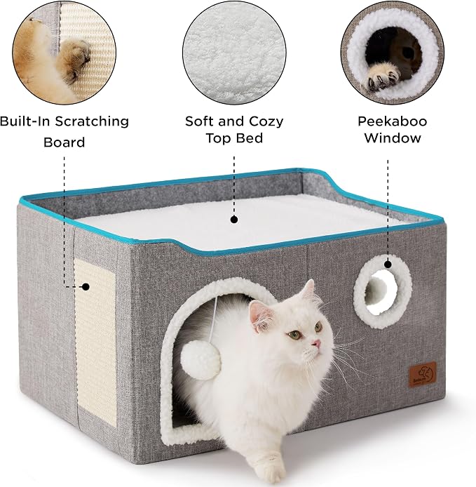 Bedsure Extra Wide Cat House Bed with Fluffy Ball and Scratch Pad,Grey | 23.6x16.9x13 in,Indoor Cat Cave for Multiple Pets, Foldable Cat Hideway Cube for Sleeping Large Cat and Kitten - Image 5