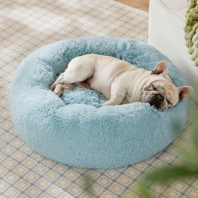 Bedsure Calming Dog Bed Medium Size Dog Donut Washable Pet Bed,30ins | Fluffy Faux Fur Round Cuddler,Machine Washable,Anti-Slip Bottom,Anti-Anxiety,Deep Sleeping for Pets Up to 45 Lbs,Aqua Blue - Image 4