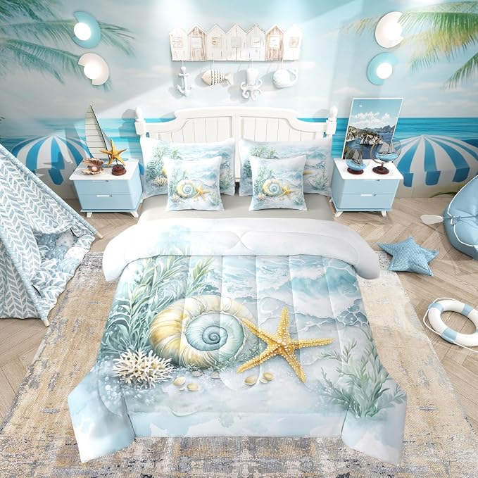 Erosebridal Shell Coral Starfish 7-Piece Bedding Set for Kids, Blue Ocean Coastal Theme King Comforter Set with Sheets, Summer Beach Nautical Bed in A Bag, Sea Waves Ocean Life Bed Sets by Erosebridal