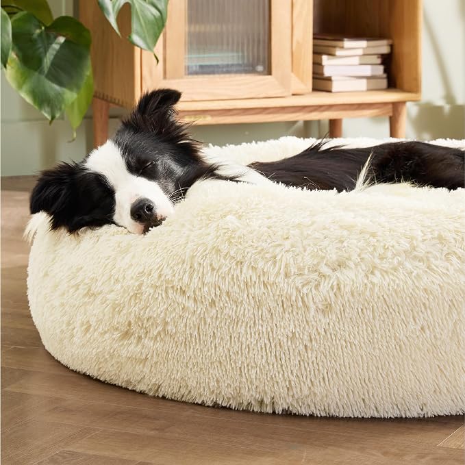 Bedsure Calming Dog Beds Large Sized Dog Donut Washable Pet Bed,36ins | Fluffy Faux Fur Round Cuddler,with Removable Washable Cover,Anti-Slip Bottom,Anti-Anxiety,for Pets Up to 80 Lbs Ivory Beige - Image 4