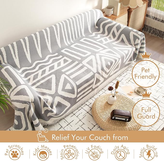 Couch Cover for 2-3 Cushion Couch Sofa Pet Friendly, Boho Sectional L Shaped Sofa Cover Washable for Dogs Cats Kids, Leather Furniture Protector Slipcover Decor for Living Room, 71"x118" - Image 3