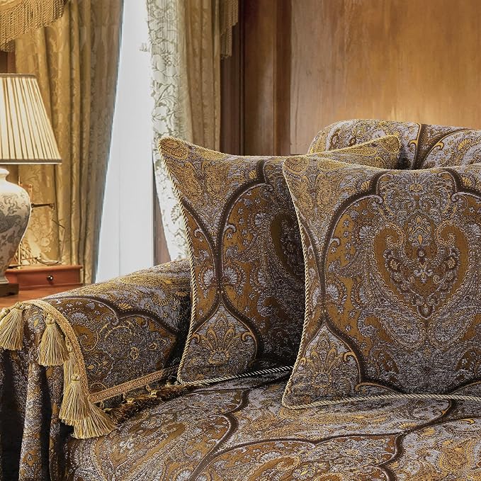 Loom and Mill Luxury Jacquard Sofa Arm Covers 2 PCS, Bronze Gold, 14x14in | Classic Antique Couch Armrest Cover with Tassels, Non-Slip Furniture Protector for Chair Sofa Recliners Couch Dogs Pets - Image 2