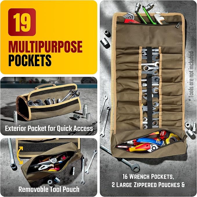 Ryker Wrench Roll Up Tool Bag Organizer. Soft Motorcycle rollup tool pouch | Heavy Duty Small Tool Roll Bag. Motorcycle Gear Storage with Multiple Pockets for Survival Overland Gear, Sockets & Tools Box - Image 2