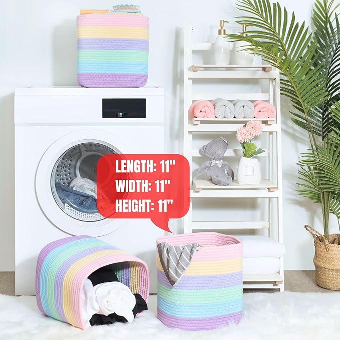 MINTWOOD Design 3-Pack 11x11in Woven Cube Storage Bin and Shelf Baskets, Cute Decorative Square Organizer for Closet, Classroom, Bathroom, Dog and Cat Toys, and Books, Pastel Rainbow - Image 7