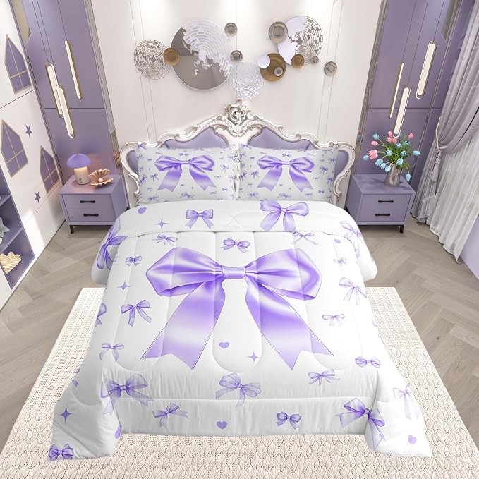 Manfei Purple Bowknot Comforter Set Queen Size,Cute Preppy Ribbon Bow Down Alternative Adults Room Decor,Preppy Trendy Kawaii Coquette Ultra Soft Microfiber Inner Fill 3Pcs Bedding by Manfei