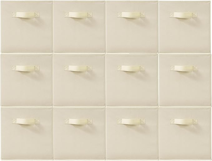 11 Inch Fabric Storage Cubes, Sturdy Foldable Storage Bins, Heavy Duty Cube Organizer for Clothes, Blankets, Shelves, Closets, Bedroom, Living Room, Beige, 12 Pack by Unknown