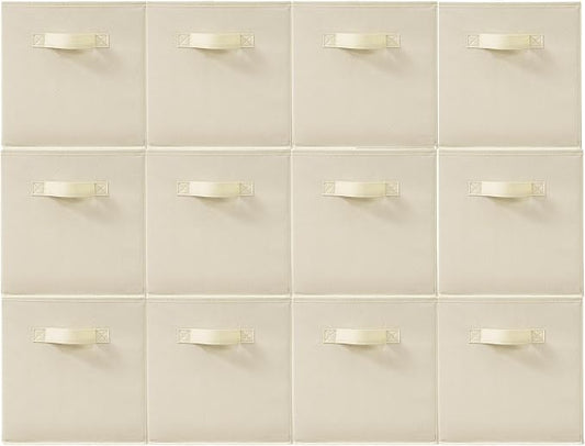 11 Inch Fabric Storage Cubes, Sturdy Foldable Storage Bins, Heavy Duty Cube Organizer for Clothes, Blankets, Shelves, Closets, Bedroom, Living Room, Beige, 12 Pack by Unknown