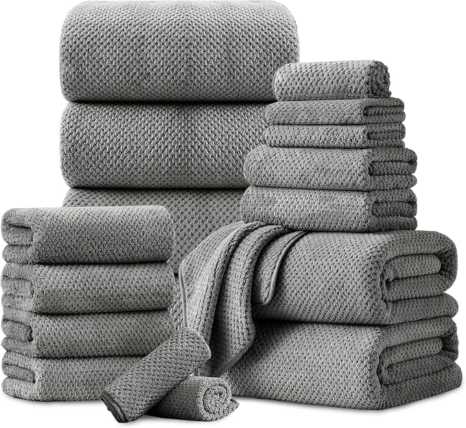 18 Piece Microfiber Bath Towels Set - 6 Bath Sheets,6 Hand Towels And 6 Washcloths,Soft Family Towels,Highly Absorbent Bathroom Towel,Quick Dry Shower Towel Luxury Towels For Hotel Spa Dorm-Dark Gray by FerdilanUS