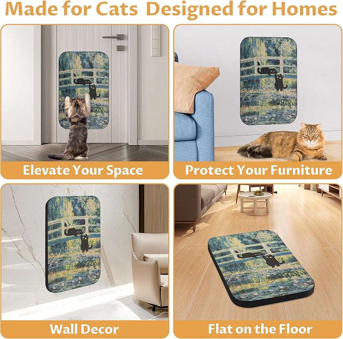 Cat Wall Scratcher, Art Cat Scratching Board for Indoor Cats | Wall Mounted Cat Scratch Pad, Water-Based Ink, Hook&Loop Strips, Floor or Wall Use, 16.7x11x1 Inch, Lily Pond Bridge - Image 5