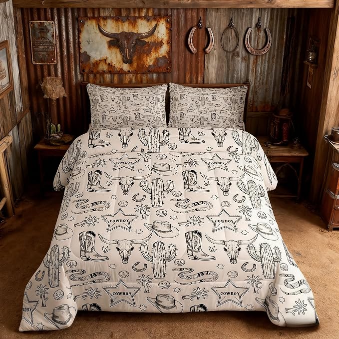 Homewish Western Cowboy Kids Comforter Set Twin Size,Cow Skull Horseshoe Cactus Rustic Bedding Set,Adults Bedroom Decor,Cowboy Boot Hat Farmhouse Down Comforter,Retro Duvet Insert,1 Pillowcase - Image 3