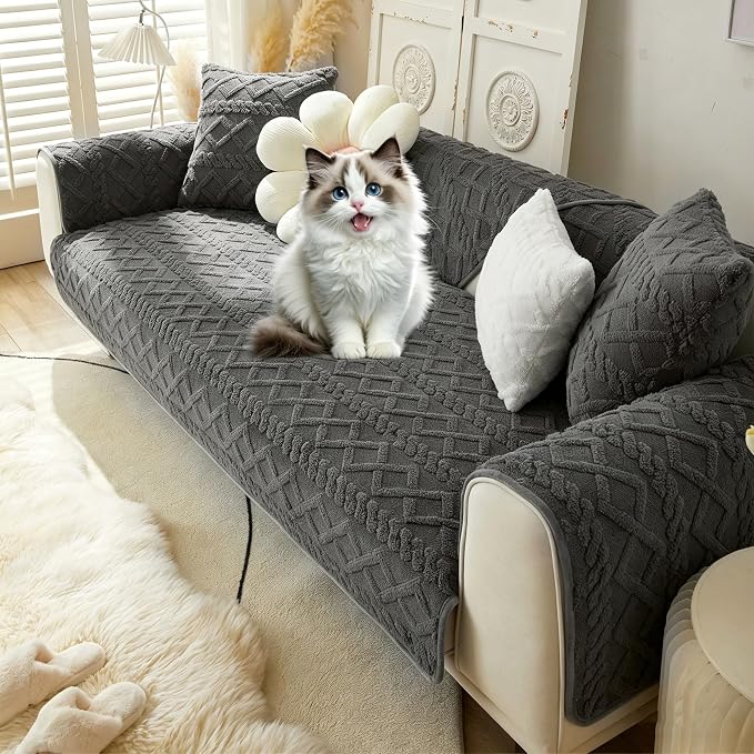 OTOB Couch Covers for Dogs Washable, Non Slip Geometric Jacquard Plush Sofa Slipcovers Furniture Protector, All Seasons Pet Couch Covers for 3 Cushion Couch Sofa, 1 Piece (Dark Gray, 35.4"x82.7") by OTOB