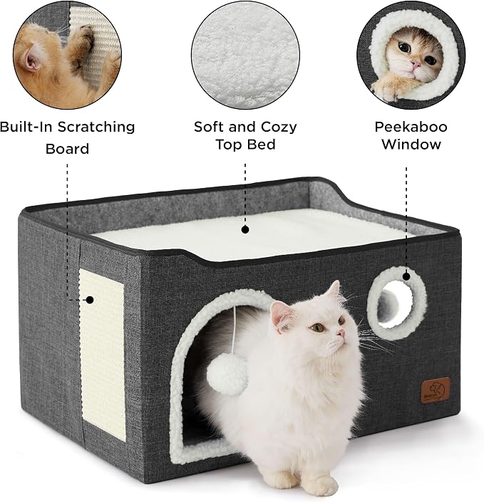 Bedsure Extra Wide Cat House Bed with Fluffy Ball and Scratch Pad | Dark Grey 23.6x16.9x13 in,Indoor Cat Cave for Multiple Pets, Foldable Cat Hideway Cube for Sleeping Large Cat and Kitten - Image 5