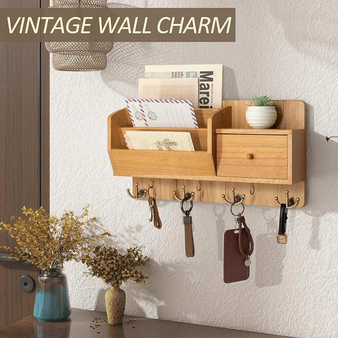 Rebee Vision Key Holder Wall Mount with Drawer for Entryway, Yellow | 3 Mail Sorters, Drawer Storage, 7 Hooks, Sorts Letter, Stores Small Items, Mail and Key Organizer for Wall, for Entryway - Image 5