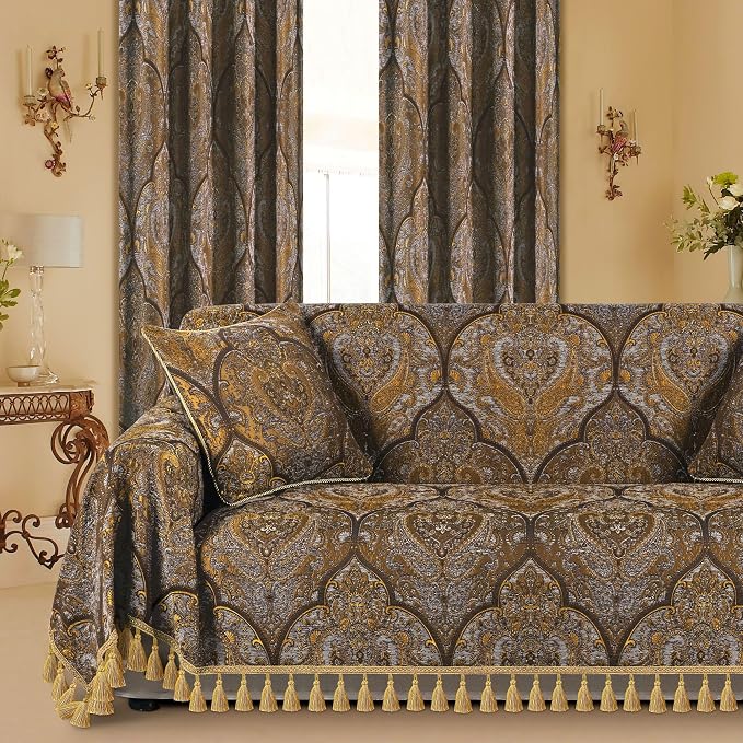 Loom and Mill Luxury Jacquard Sofa Couch Covers, Bronze Gold, 71"x118" | Classic Antique Sofa Throw Cover with Tassels for 2-3 Cushion Couch, Sectional Couch Cover Sofa Slipcover for Dogs Pets by LoomandMill