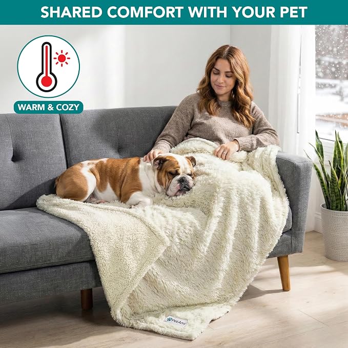 PetAmi Waterproof Dog Blanket for Couch, Bed & Furniture,Reversible Sherpa & Faux Fur Pet Blanket, Leakproof Blanket for Puppy Cat, Washable Soft Calming Pet Couch Protector (29x40, Cream Beige) - Image 6