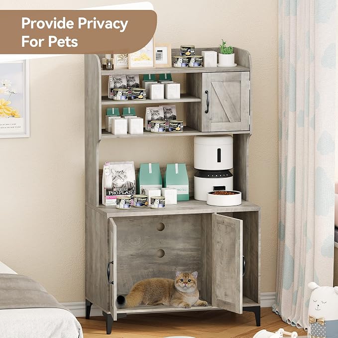 IDEALHOUSE Cat Litter Box Enclosure with Shelves and Doors,Wood Sturdy Hidden Litter Box Furniture,Indoor Cat House Furniture for Most of Litter Box,Litter Box Cabinet,Grey - Image 2