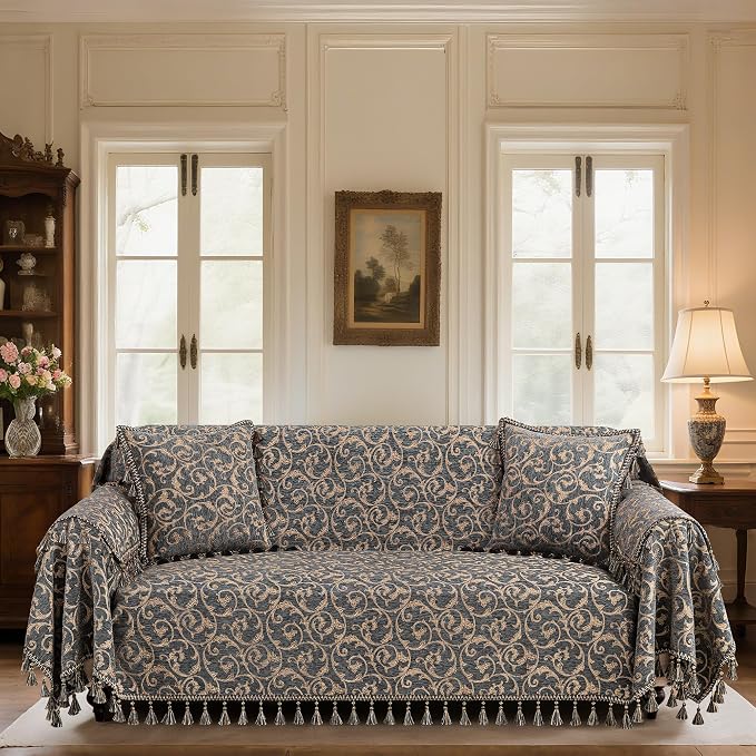 Loom and Mill Chenille Jacquard Sofa Covers, Blue-Grey+Khaki, 71"x118" | Elegant Acanthus Sofa Throw Cover with Tassels for 2-3 Cushion Couch, Sectional Couch Cover Sofa Slipcover for Dogs Pets - Image 2