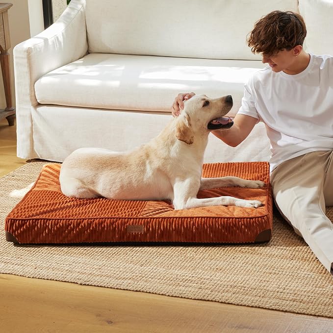 FUKUMARU X-Large Dog Bed, Thickened Waterproof Dog Mat with Washable Cover | 4" Extra Thick Egg Crate Foam Pet Mat, Corduroy Orthopedic Dog Bed for Crate, Flat Dog Pad with Anti-Slip Bottom - Image 8