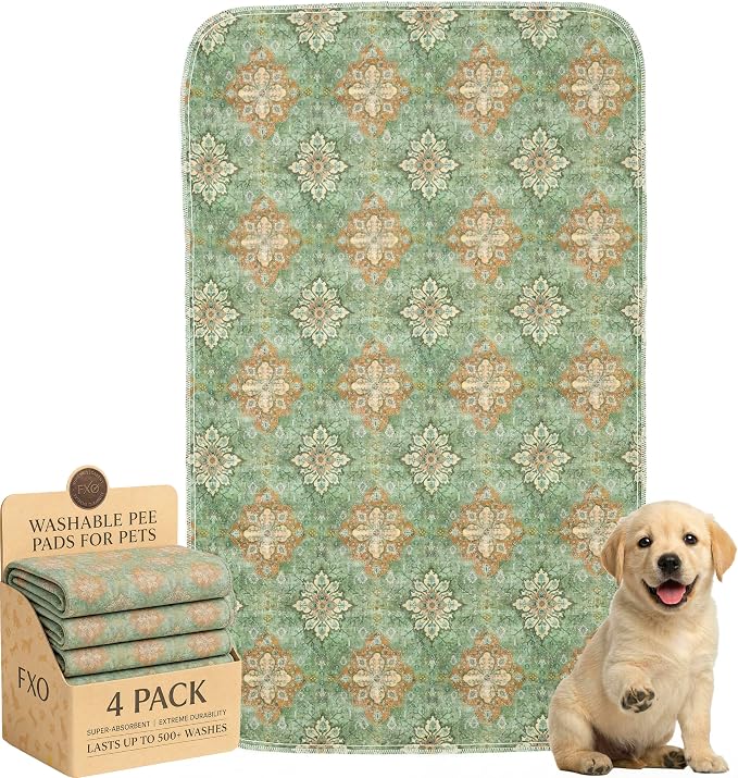 4PACK Washable Pee Pads for Dogs,Great Urine Absorbent Reusable Puppy Training Pads,Waterproof,Leak-Proof & Non-Slip Potty Pads for Whelping,Crate,Playpen,Bed.(Green Floral Flat,24"x36") by Peepads
