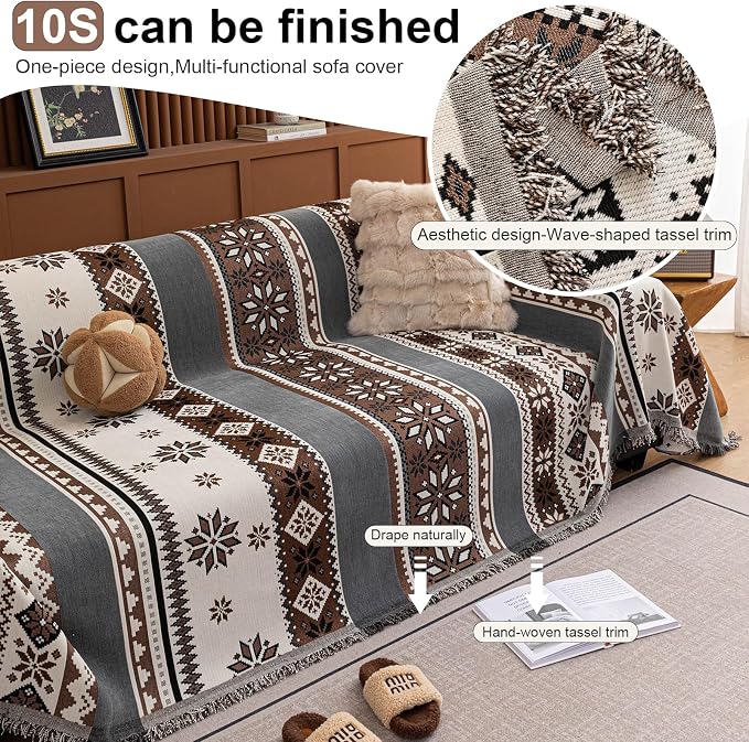 ROOMLIFE Couch Cover 3 Cushion Sofa, Washable Non Slip Furniture Sofa Protector Cover, Soft Chenille Sofa Slipcovers Sectional L Shape Dogs Couch Cover Throw Blanket with Tassels 71''X150'' - Image 4