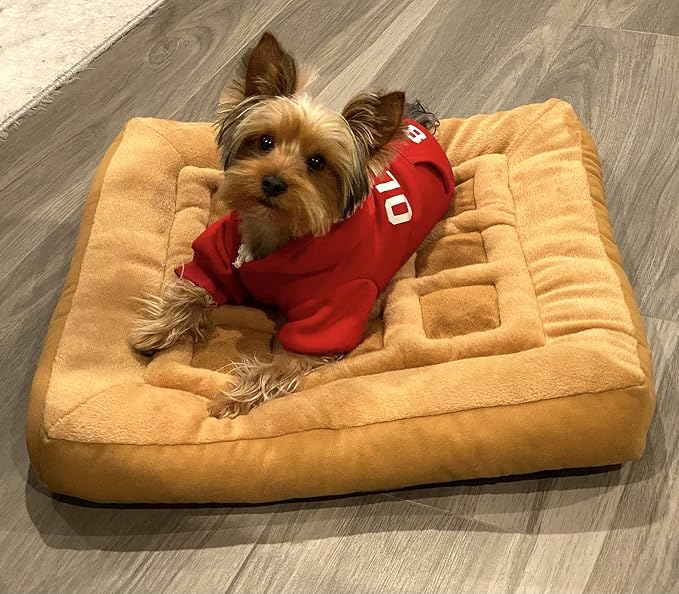 TONBO Soft Plush Small Cute and Cozy Chicken and Waffles Dog Cat Bed, Chicken Crinkle Toy Included, Washer and Dryer Friendly (Brown) - Image 5