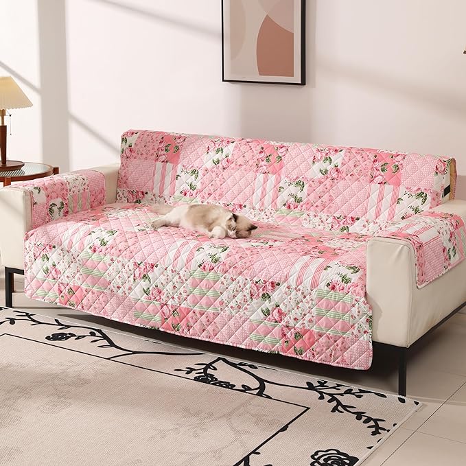Skidproof Sofa Cover-Floral Sofa Slipcover with Elastic Straps-Easy Fit Slip Cover-Washable Furniture Protector for Pets and Kids(Sofa,Pink) by cmfshape-quiltset